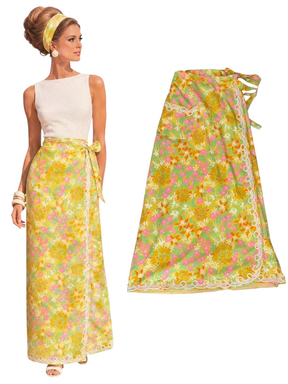 Lilly Pulitzer Vintage 1960s Yellow Floral Print Soutache Trim Wrap Maxi Skirt L